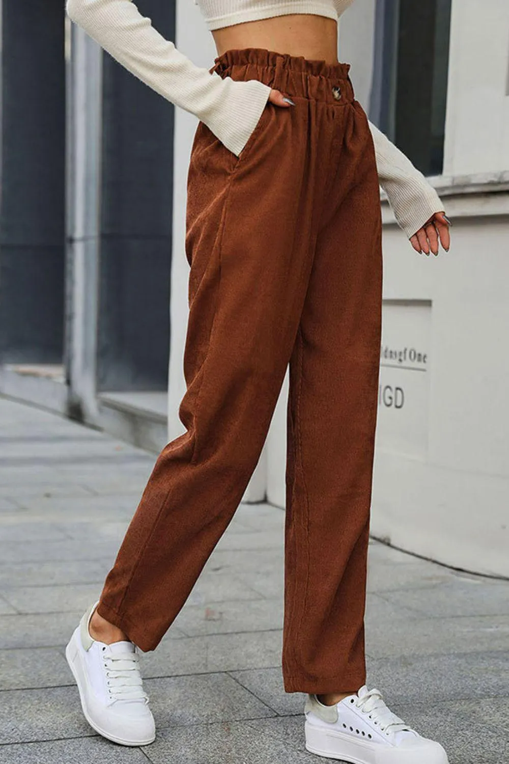 Paperbag Waist Straight Leg Pants with Pockets