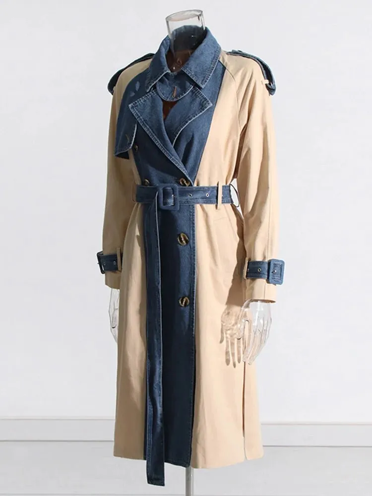 Pre Order:  Denim Spliced Epaulet Belted Coat