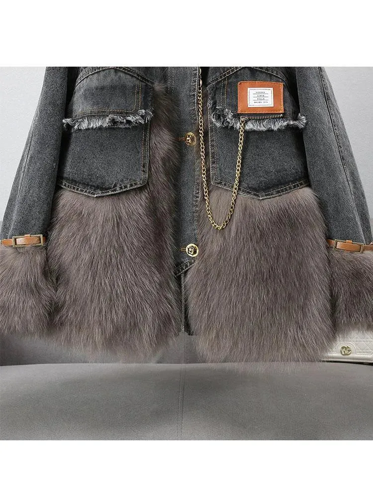 Pre Order:  Faux Fur Spliced Denim Coat