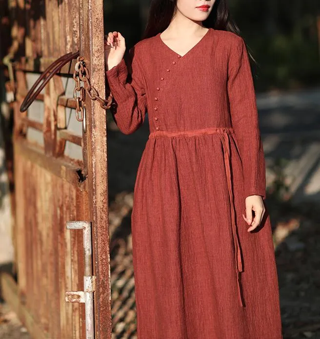 Red Women Dresses Casual Spring Linen Women Dresses Long Sleeve SSM97215