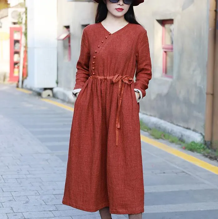 Red Women Dresses Casual Spring Linen Women Dresses Long Sleeve SSM97215