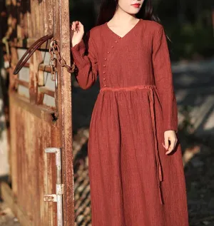 Red Women Dresses Casual Spring Linen Women Dresses Long Sleeve SSM97215