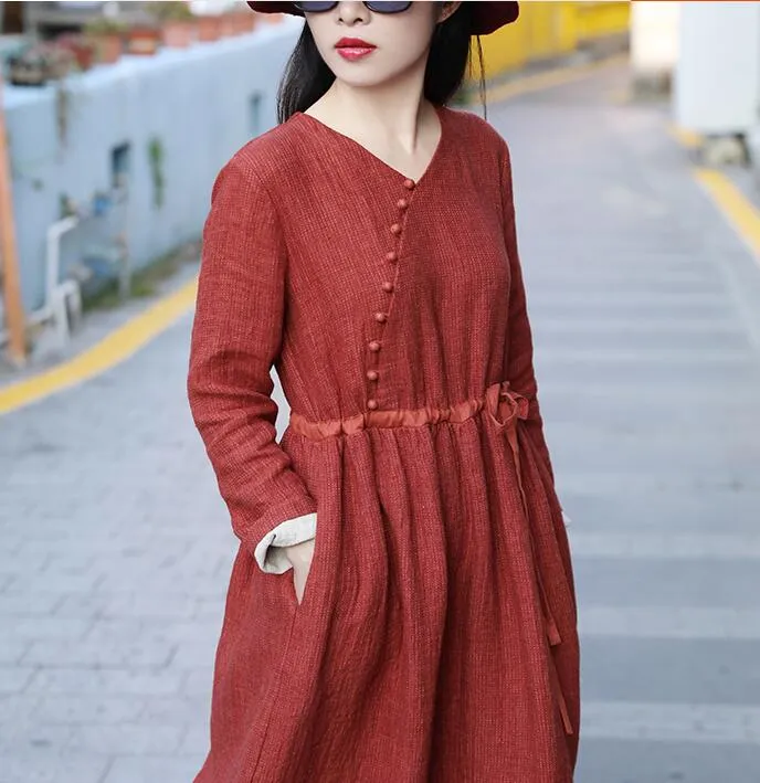 Red Women Dresses Casual Spring Linen Women Dresses Long Sleeve SSM97215