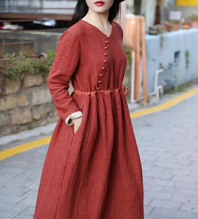 Red Women Dresses Casual Spring Linen Women Dresses Long Sleeve SSM97215