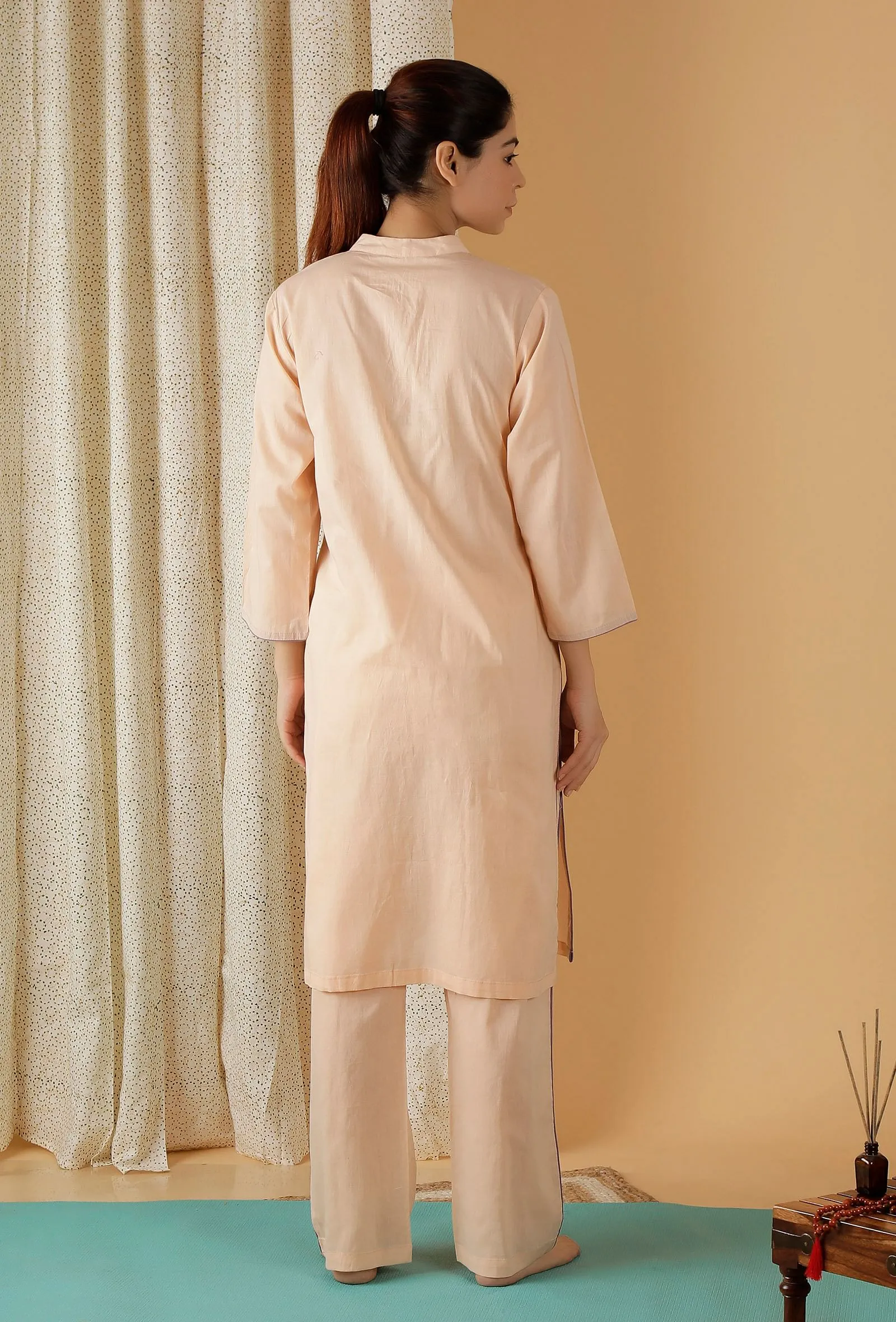 Set Of 2: Mulmul Cotton Peach Bandhgala Kurta And Straight Fit Pants