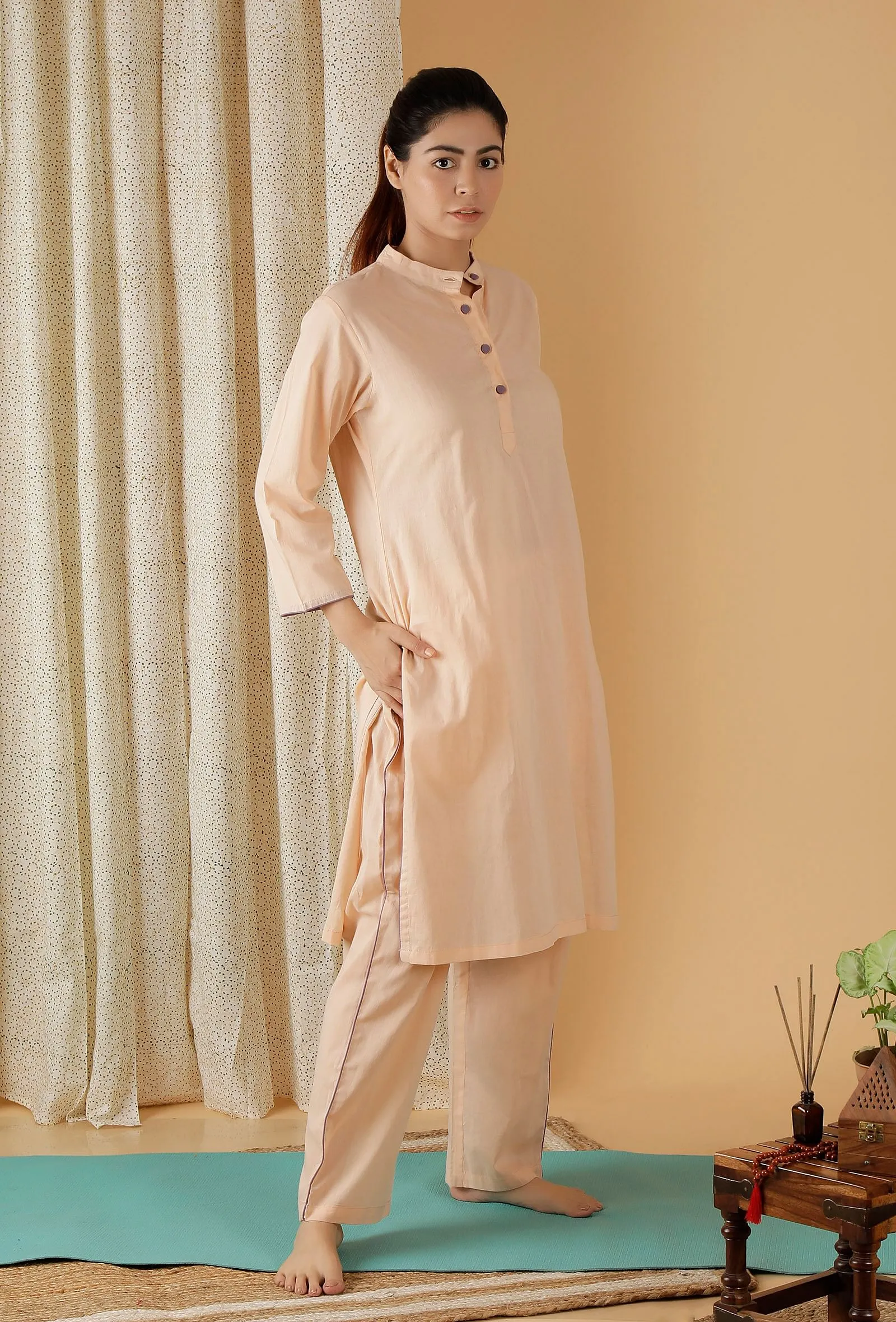 Set Of 2: Mulmul Cotton Peach Bandhgala Kurta And Straight Fit Pants