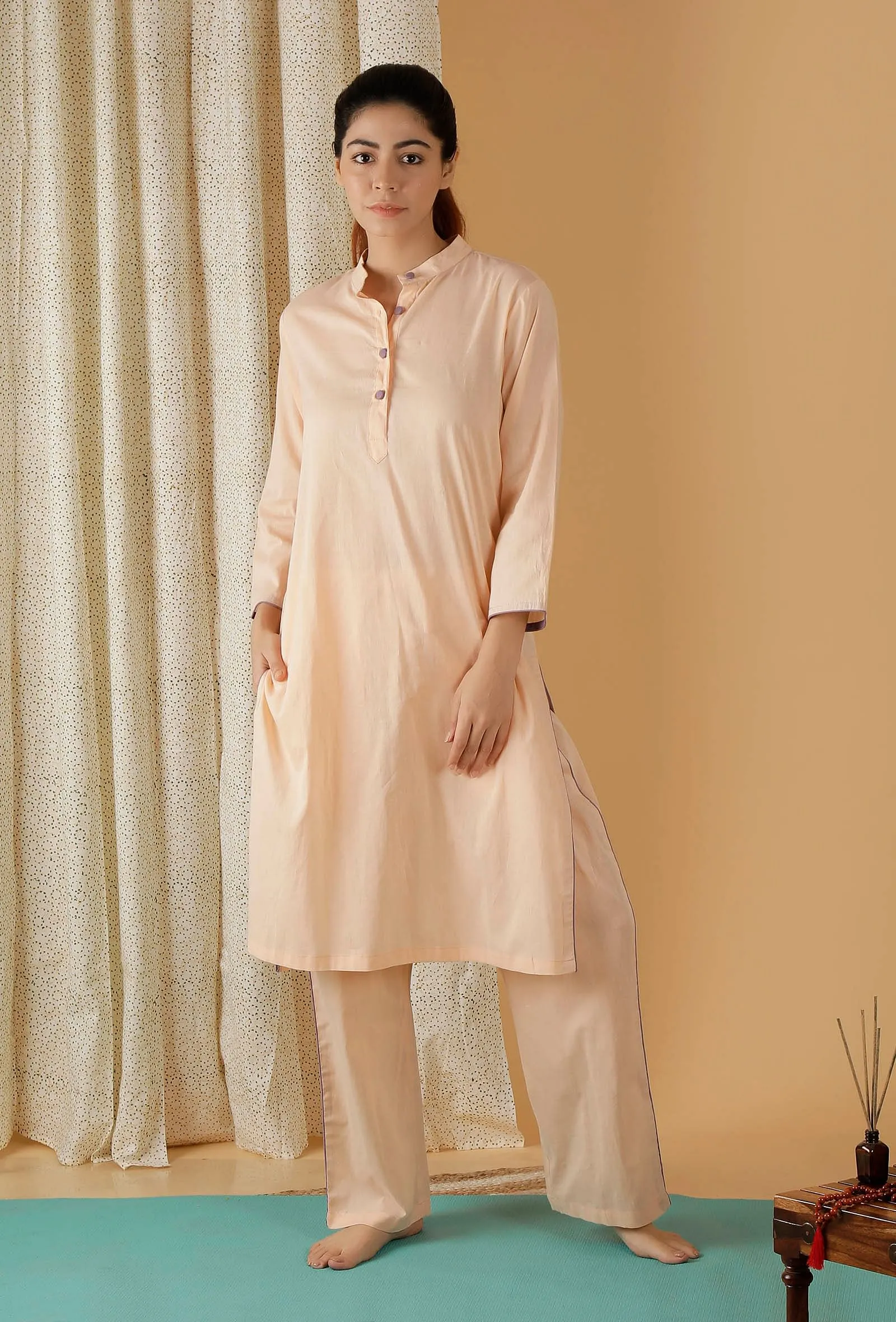 Set Of 2: Mulmul Cotton Peach Bandhgala Kurta And Straight Fit Pants