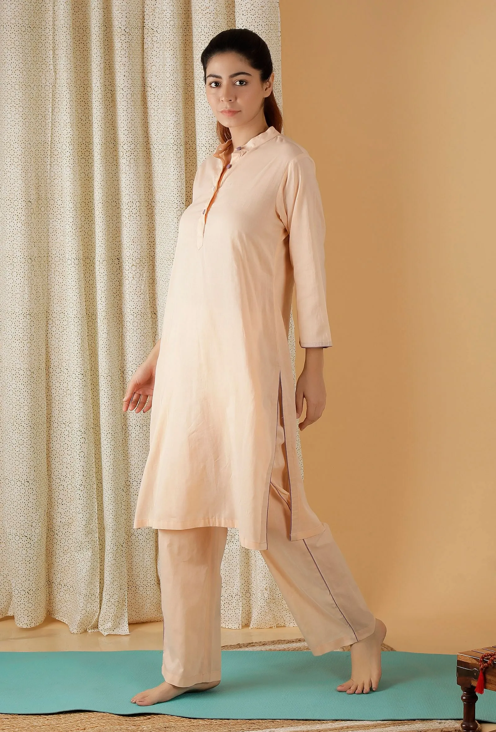 Set Of 2: Mulmul Cotton Peach Bandhgala Kurta And Straight Fit Pants