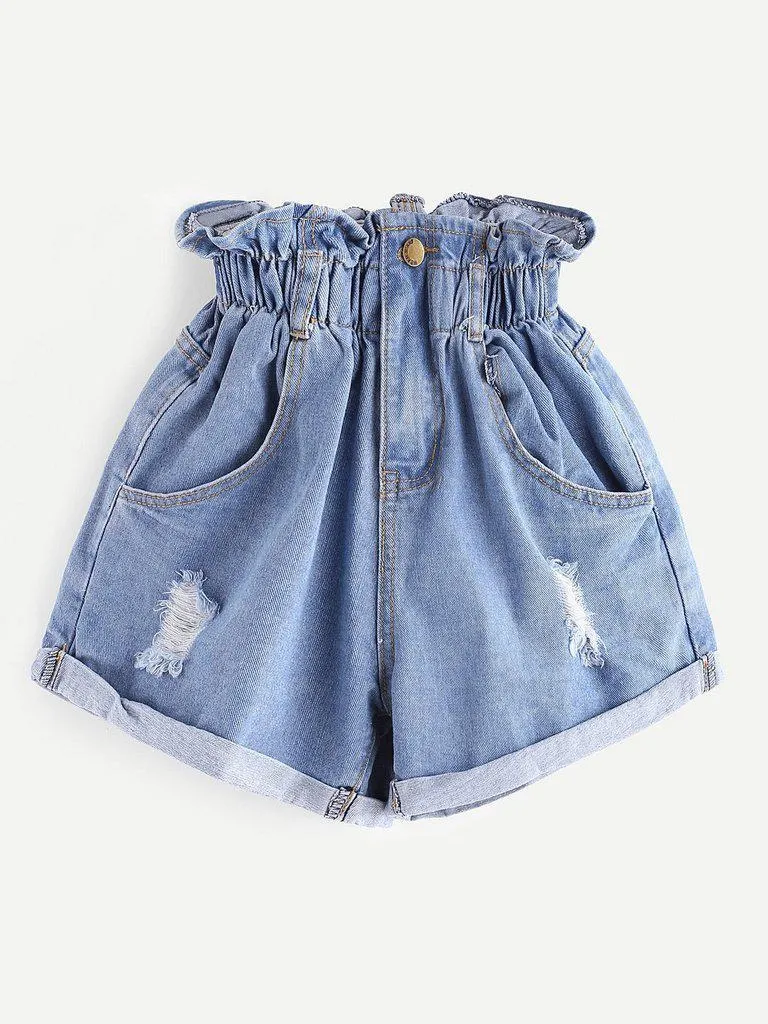 Shirred Frill Trim Ripped Rolled Hem Denim Shorts