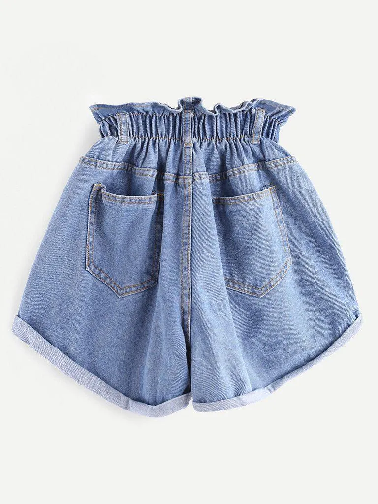 Shirred Frill Trim Ripped Rolled Hem Denim Shorts