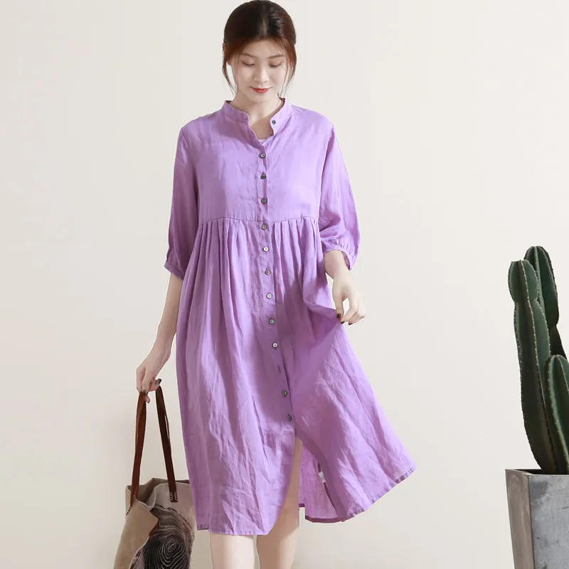 Summer Shirt Dress Casual Summer Midi Women Linen Loose Dresses GU98403