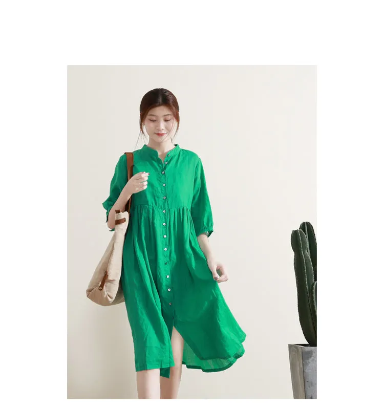 Summer Shirt Dress Casual Summer Midi Women Linen Loose Dresses GU98403