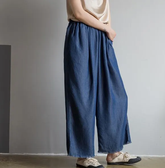 Summer Silk Denim Women Wide Legs Pants