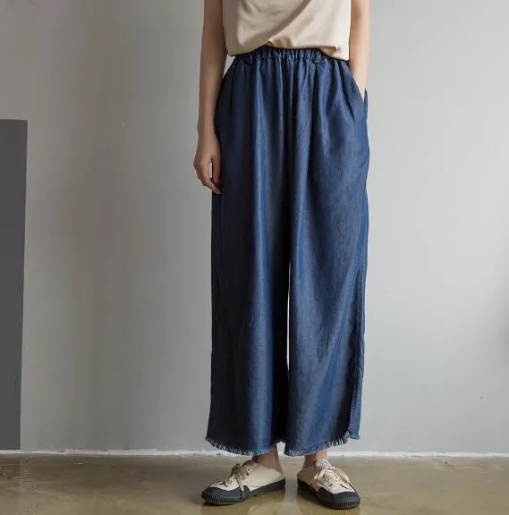 Summer Silk Denim Women Wide Legs Pants