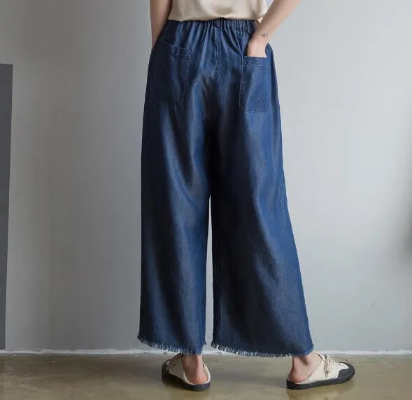 Summer Silk Denim Women Wide Legs Pants