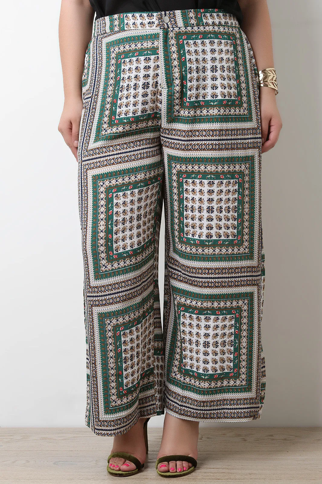 Textured Mixed Print Wide Leg Pants