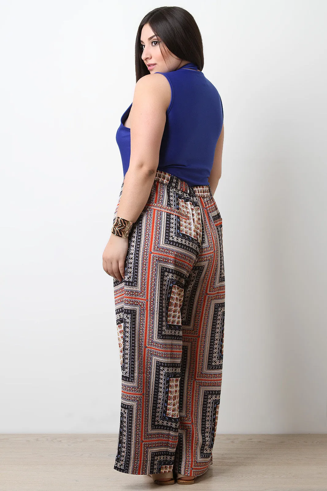 Textured Mixed Print Wide Leg Pants