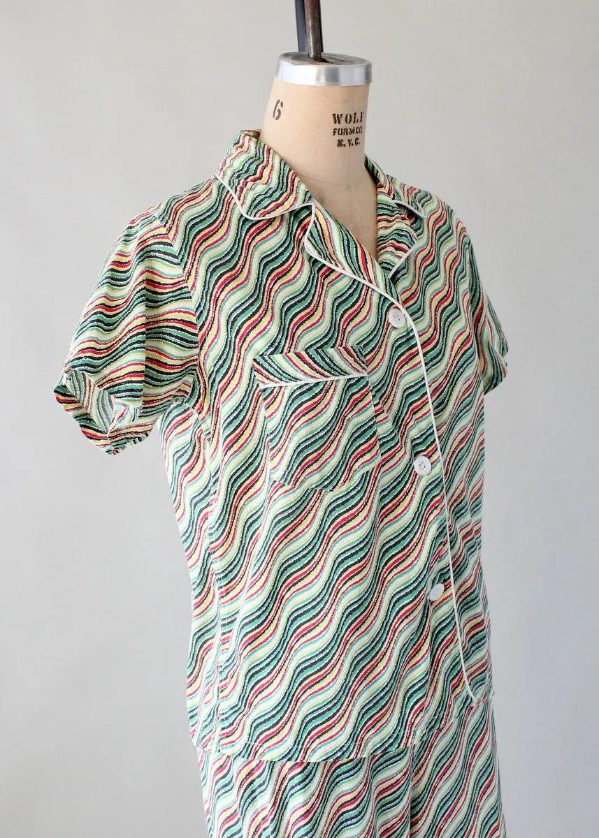 Vintage Late 1940s Waves and Stripes Cotton Pajama Set