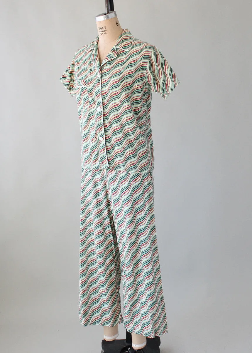 Vintage Late 1940s Waves and Stripes Cotton Pajama Set