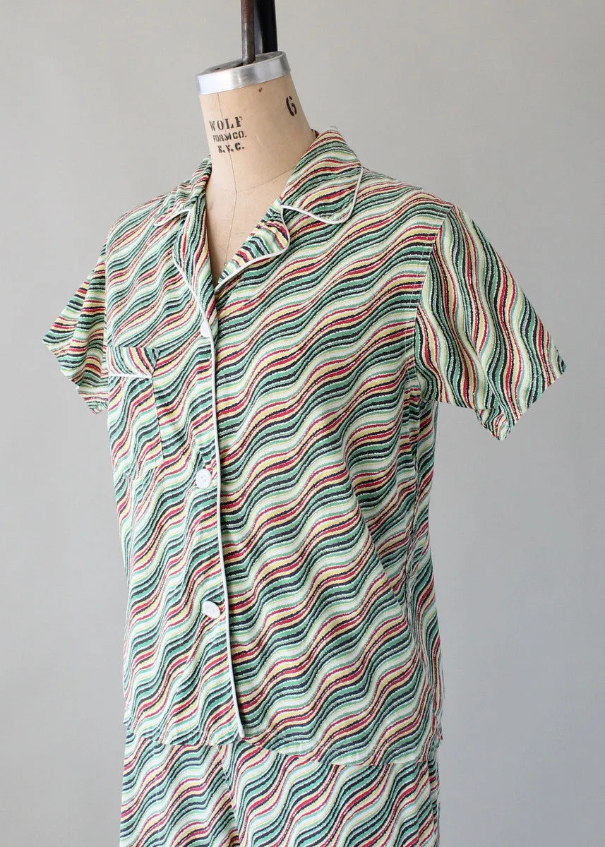 Vintage Late 1940s Waves and Stripes Cotton Pajama Set