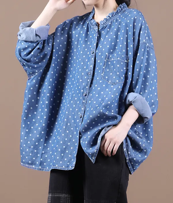 Washed Denim Blue Dot Women Spring Casual Coat Loose Plus Size  Coat Jacket