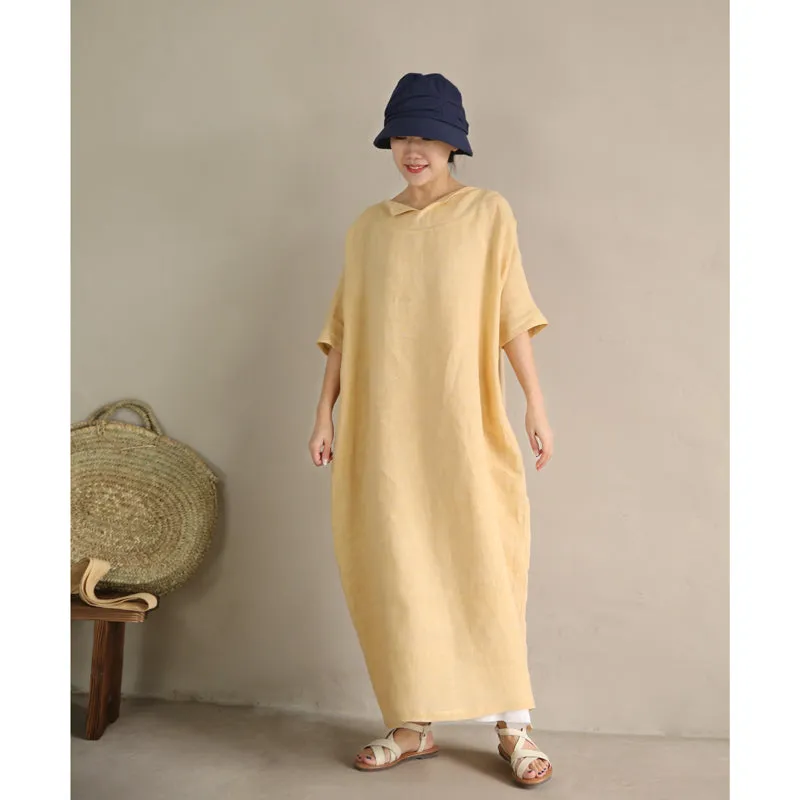 Yellow Label Collar Linen Waist Belt Dress Casual Summer  Raglan sleeves Long Women Dresses Z972913