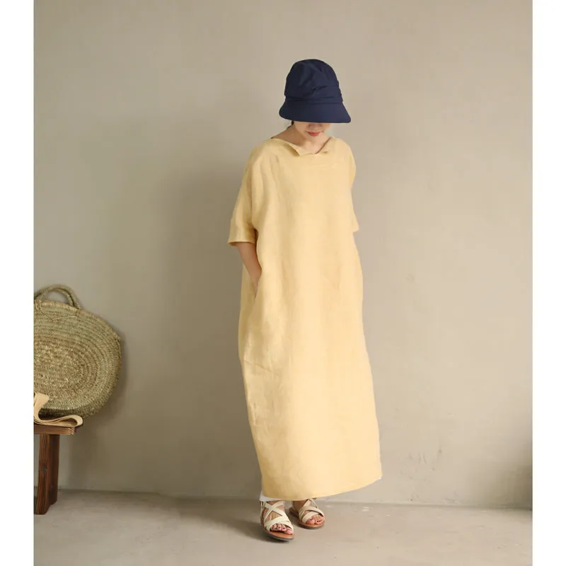 Yellow Label Collar Linen Waist Belt Dress Casual Summer  Raglan sleeves Long Women Dresses Z972913